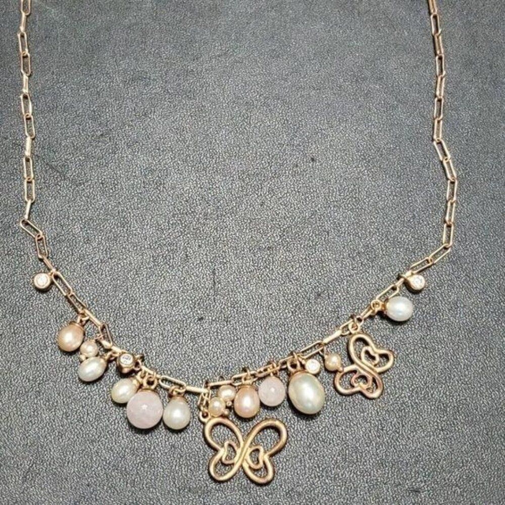 Sterling silver butterflies freshwater pearl necklace 20" pink white rose gold